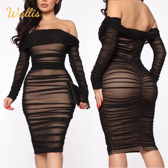 2022 Strapless Dinner Night Fashion Midi Dresses Woman Ladies Cocktail Sexy Party Bodycon Summer Long Sleeve Club Evening Dress