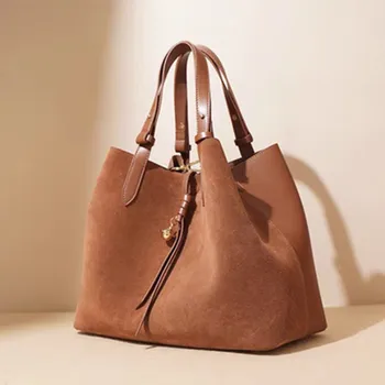 Autumn and Winter New Women's Handbag Casual Large Capacity Tote Bag with Two Straps Luxury Cowhide Suede and Cotton Lining