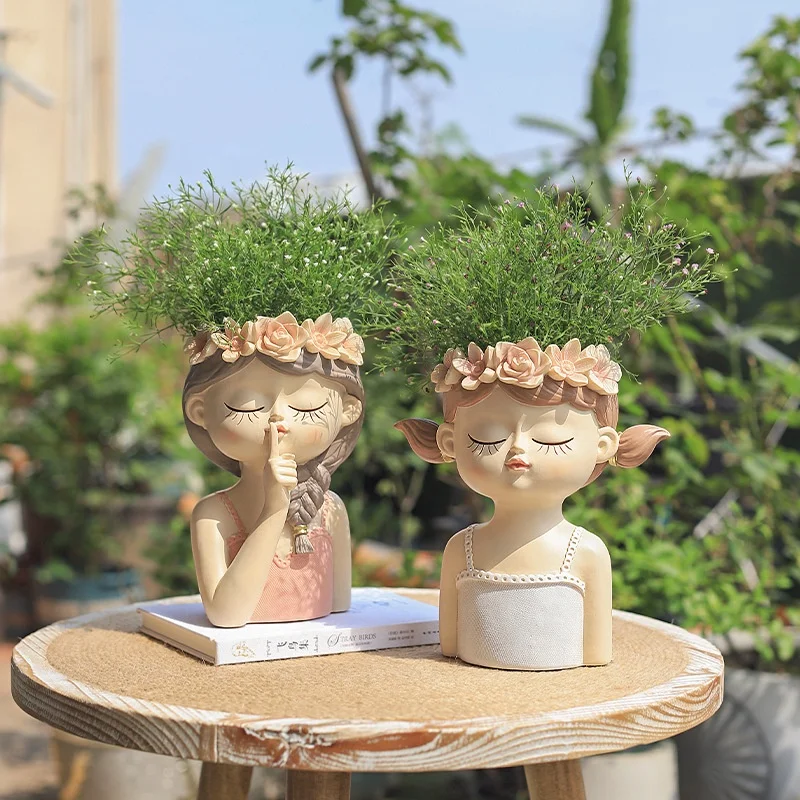 4 Shapes Available Cartoon Fairy Resin Eco-Friendly Outdoor Garden Flower Pots Planters Drainage Holes Customized Color
