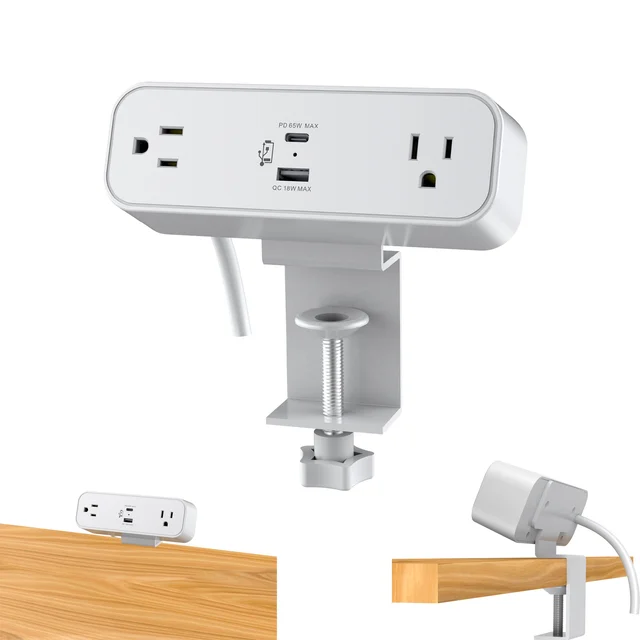 Mountable Desktop Power Outlet Clamp Mount with USBC PD65W Desk Clamp Power Strip