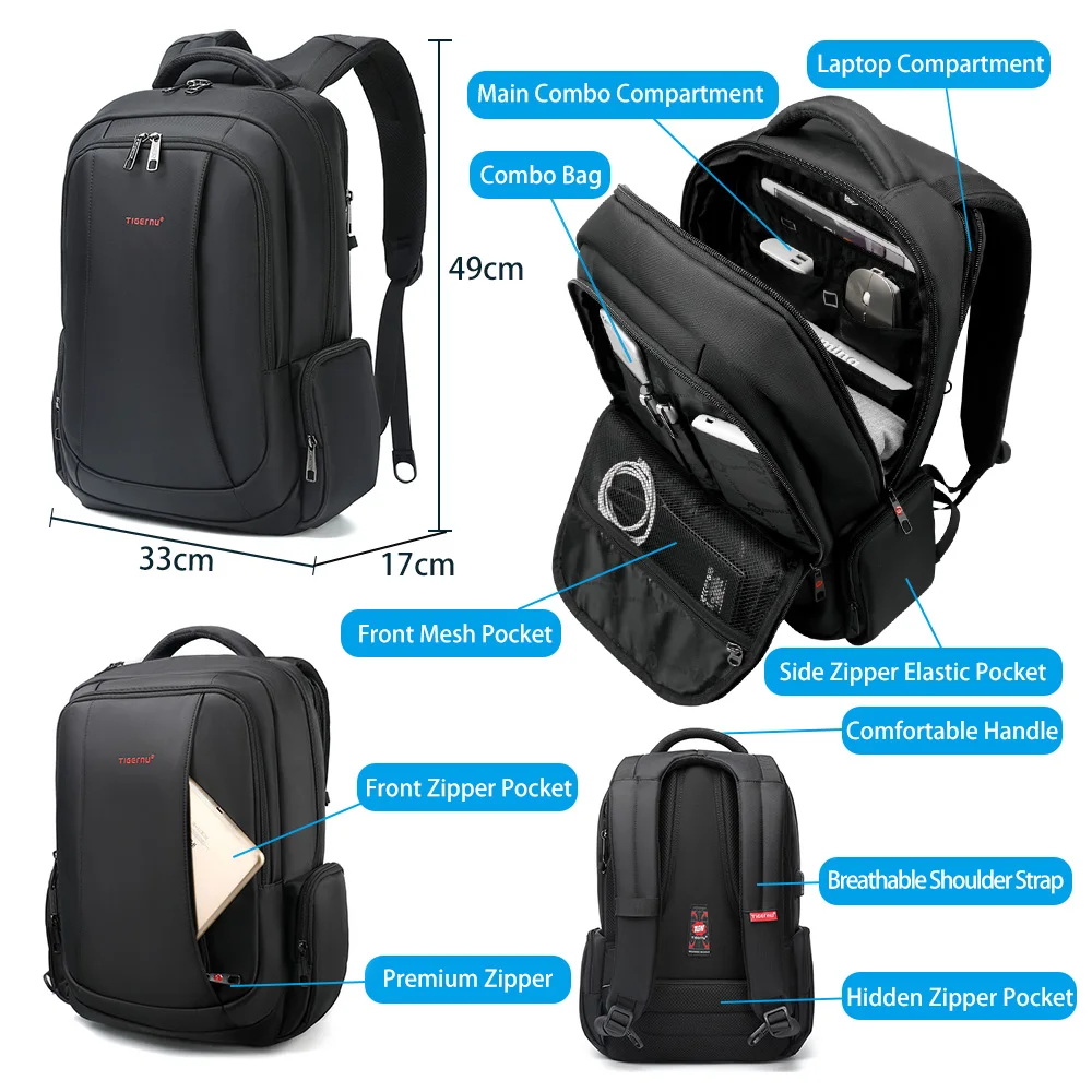 Waterproof Anti-theft Multi Pocket Nylon Laptop Backpack with USB