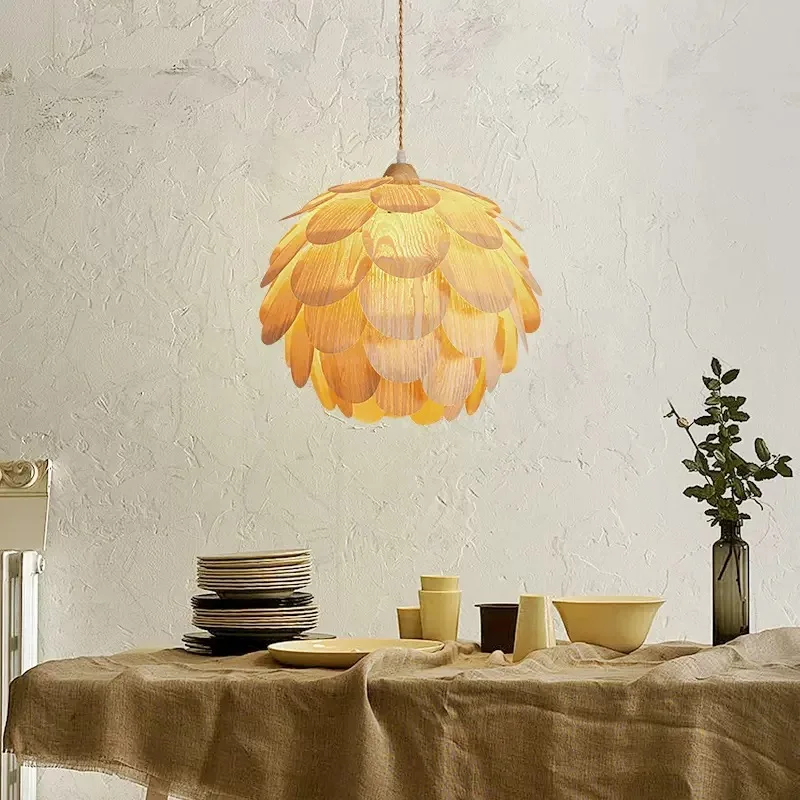 Japanese Nordic Simple Style Chandelier Creative Wood Pine Cone Design Pendant Lamp Light for Bedroom Living Room Restaurant