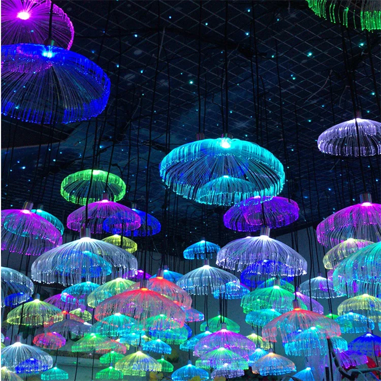 Outdoor Wedding Banquet Party Optic Fiber Jellyfish Chandelier Hanging Lights Optic Fiber Light Led Dandelion Lamp