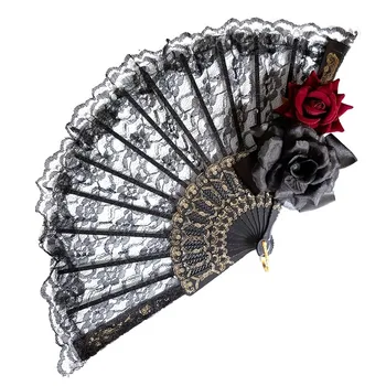 art craft Gothic pattern lace appliqued black roses flower sexy ladies beaded hand fan