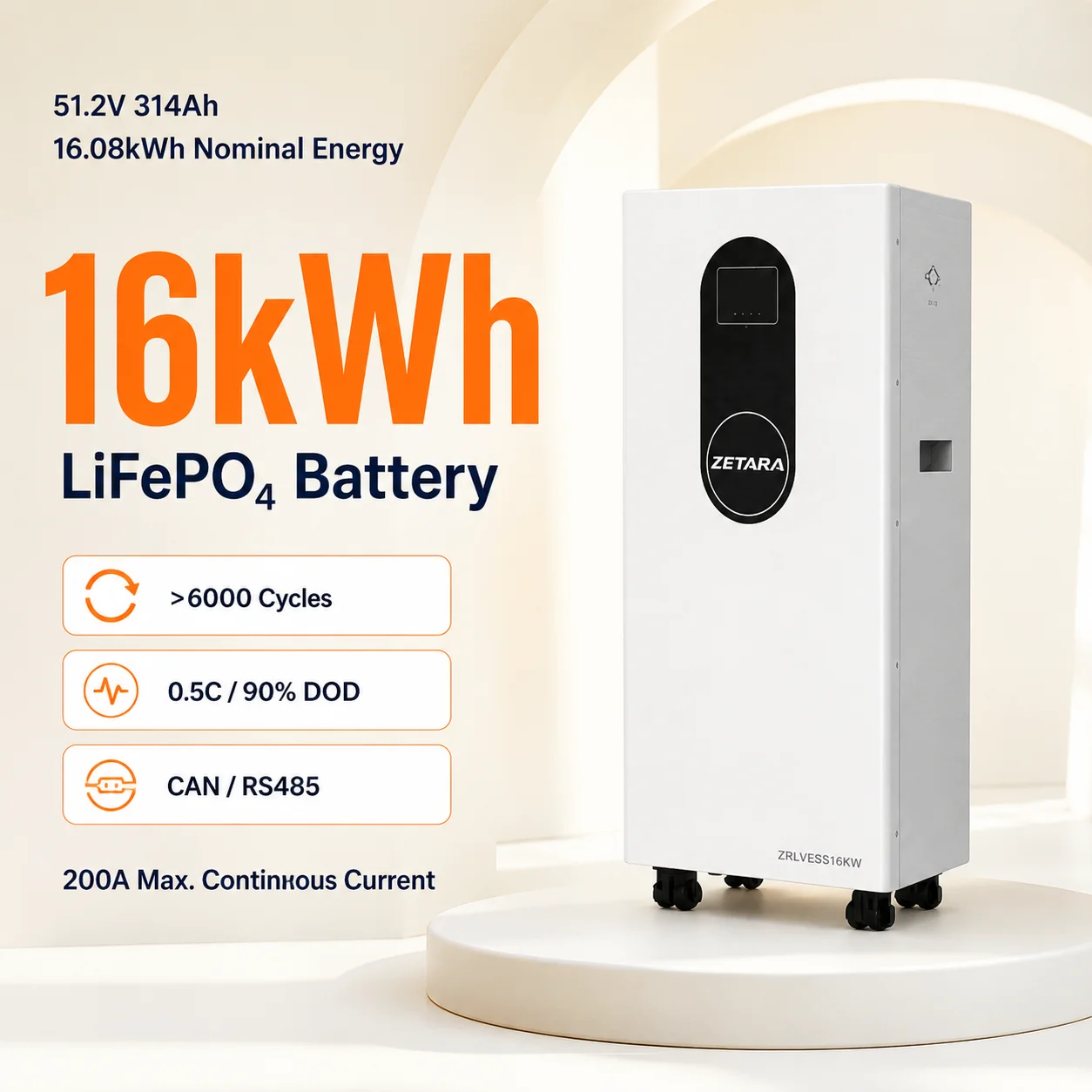 ZETARA 51.2V 314Ah 16kWh LiFePO4 Battery Smart BMS Integrated Wall Mount Solar Storage Battery Pack with CAN RS485 for ESS