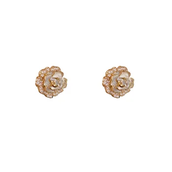 High-End Joker Stud Earrings New Zircon Painted Camellia Gold Plated Trendy Tide Light Luxury for Wholesale