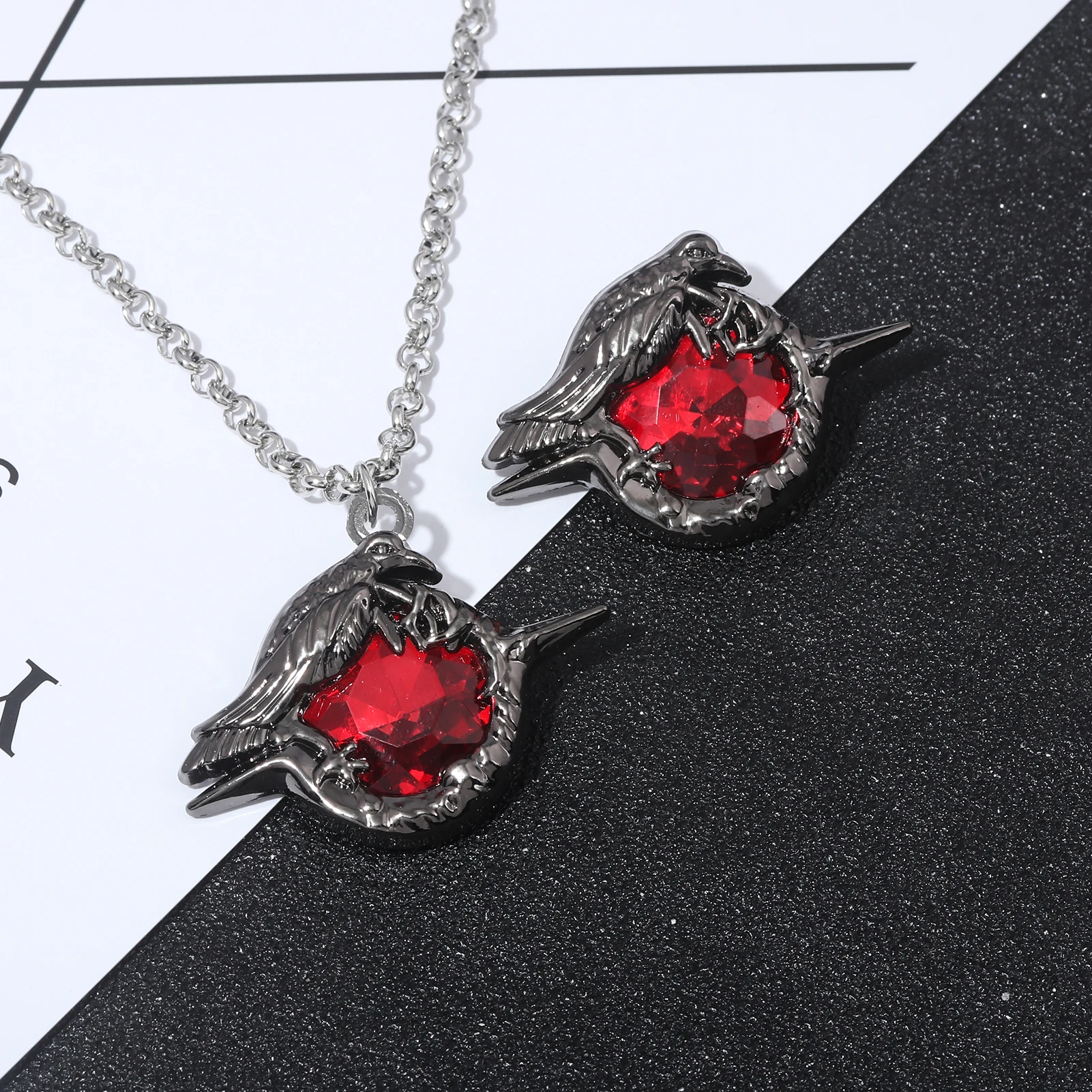 Night Raven Ruby ／ universe Chain Raven Pendant Necklace Heart-Shaped Beads Chains Gold Plating