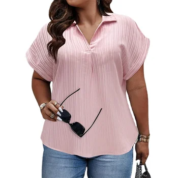 Plus Size Fashion Women Solid Textured Shirt Top chemise pour femme Lady Casual Collared Short Sleeve Blouse