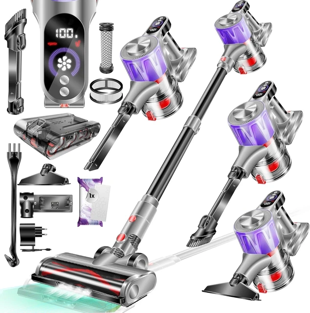 Cordless vacuum cleaner ,detachable battery,  intelligent display screen, anti tangling brush, 60 mins running time, purple-grey