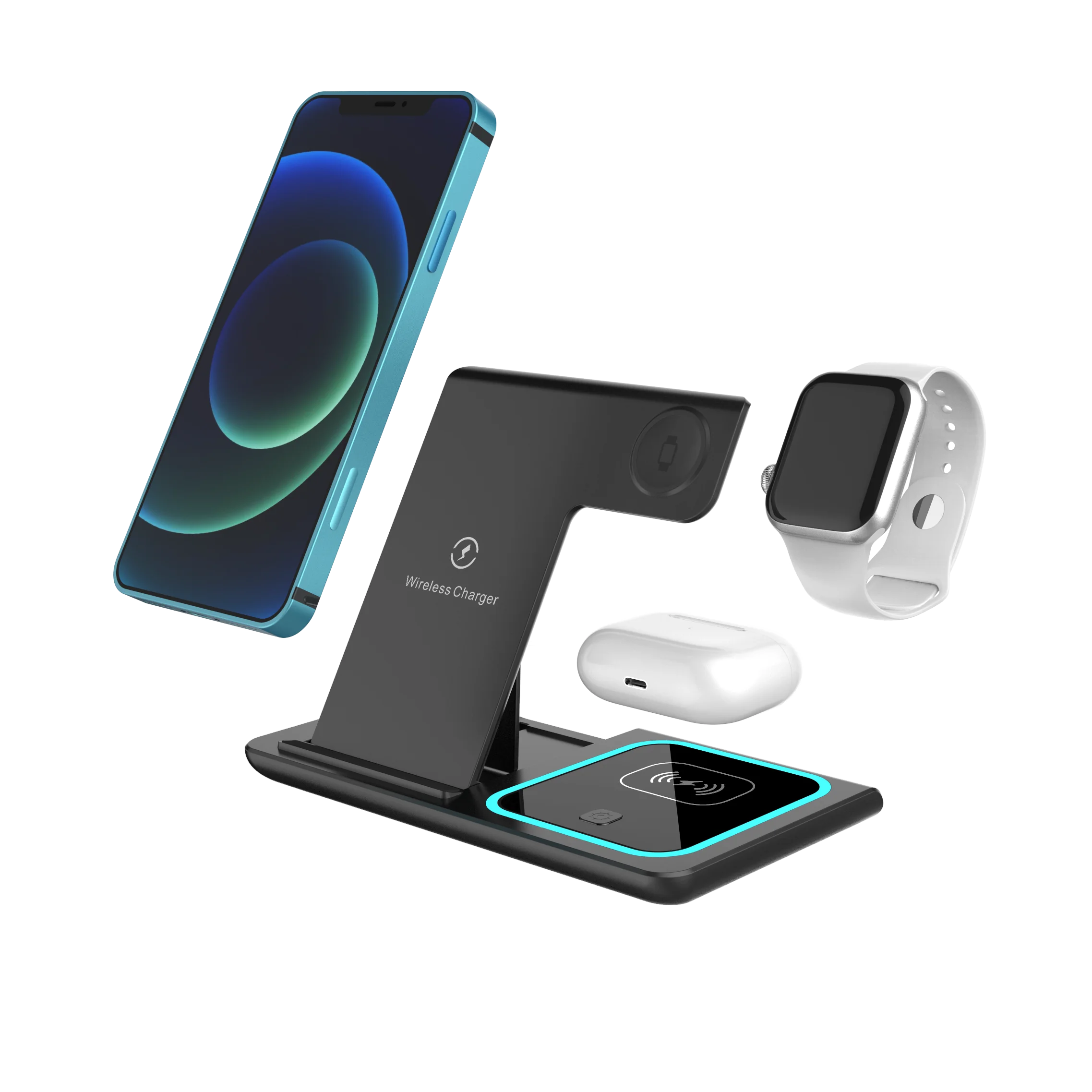 2023 Most Popular 3 in 1 Foldable Phone Stand Wireless Charger With Dual Coils for Mobile Phone Charging/Earphone/Smart Watch