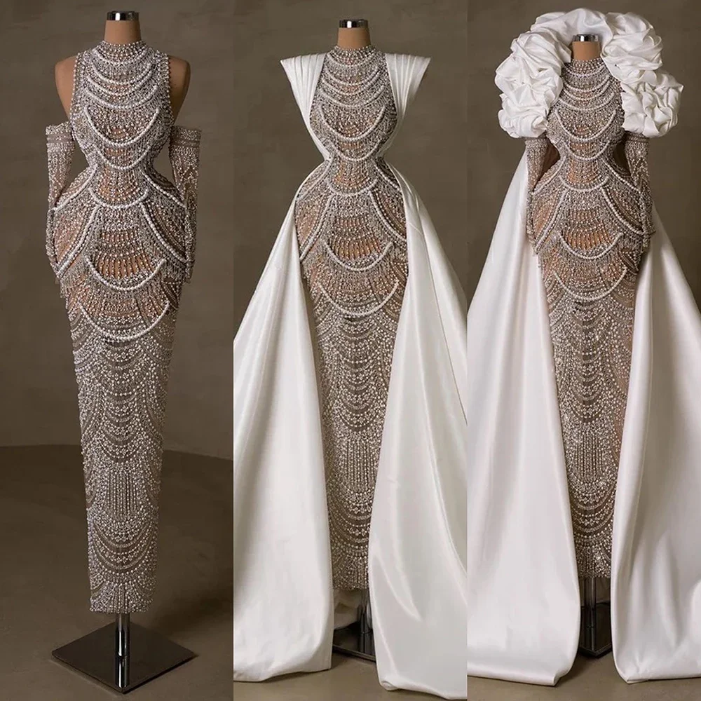 2025 Nude Cape Sleeves Beaded Crystal Arabic Evening Dresses Gowns For Women Wedding Party LA72806