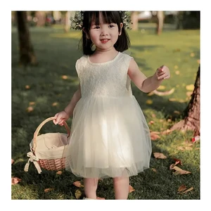 Custom White Boutique Jacquard Princess Dress Crew Neck Sleeveless Dress American Style Girls Dresses