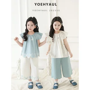 YOEHYAUL X5135 1-8T Embroidery Bows Sweet Summer Short Sleeve Kids Blouse 100% Cotton Toddler T Shirt T-shirts for Girls