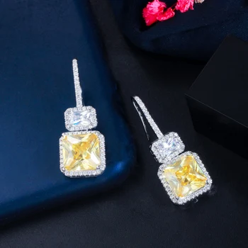 Fashion Brand Top Quality Bright Yellow Topaz Cubic Zirconia Stone Square Dangle Drop Hook Earrings for Women Fine Jewelry