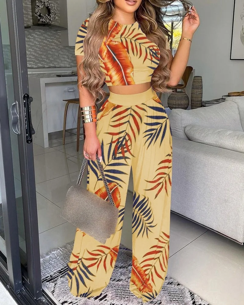 Fashion Print Lady Summer Set O-neck Short Sleeve Crop Top+ Long Loose Wide Leg Pants New Women Casual Two Piece Set