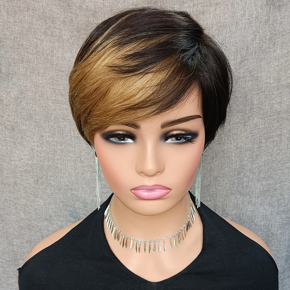 Highlight Human Hair Honey Blonde Straight Bob Wig Ombre Colored Human Wigs  With Bangs Full Machine Pixie Cut Wig For Women - Buy 100% Human Hair Wigs  Highlight Wig Human Hair Ombre