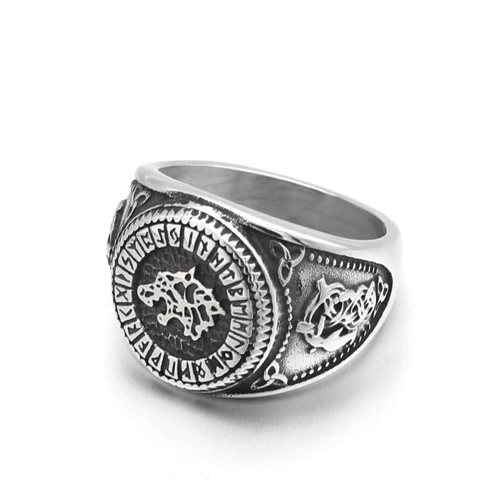 GuoSuang Men 316L Stainless Steel Norse Viking Odins Wolf Rune Vantage Ring with Gift Bag 