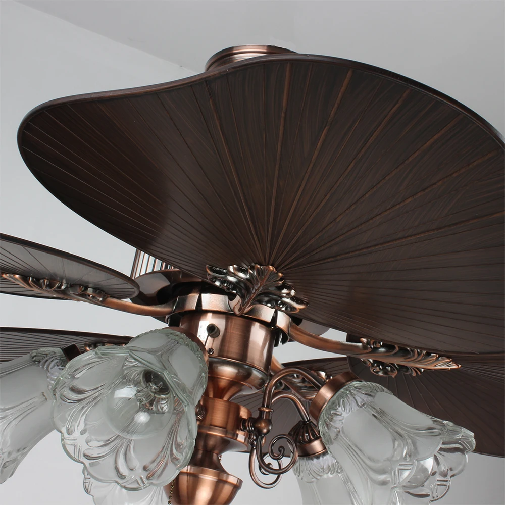 Red Ancient Style LED Ceiling Fan with 5 Wood Blades Remote Control Iron/Stainless Steel Base