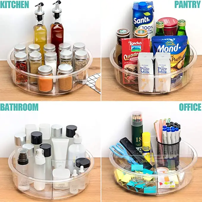 Lazy Susan 12 Inch Round Clear Spinning Organization Storage Container Bin Turntable Plastic Condiment Spice Rack with Dividers