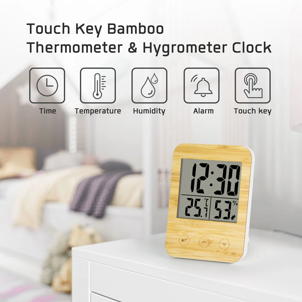 High Quality Bamboo Style Multi-function Table Thermometer Hygrometer Battery Bamboo Digital Alarm Clock