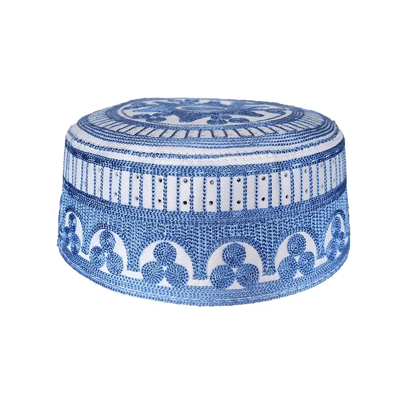 Wholesale Custom Embroidered Adult Muslim Kufi Hat Islamic Printed Flat Top Ethnic Islamic Hat Cap