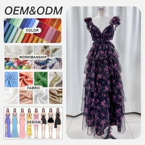 Odm Clothing Manufacturers Wholesale Custom Casual Elegant Black Floral Print Organza Tiered Chiffon Maxi Formal Dress for Women