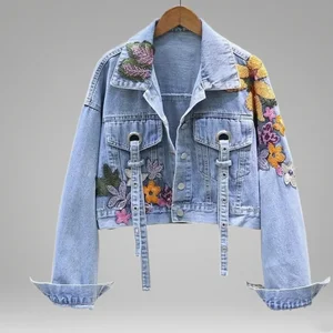 Women Autumn Winter Denim Coat Lapel Fashion Lady Luxury Chic Loose Streetwear Female Embroidered Sequin Denim Jacket Tops
