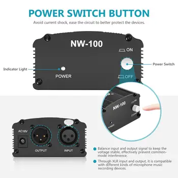 Neewer US Plug 110V 1-Channel 48V Phantom Power Supply+Adapter+XLR 3 Pin Mic Cable for Condenser Microphone Recording 8 Feet detail image