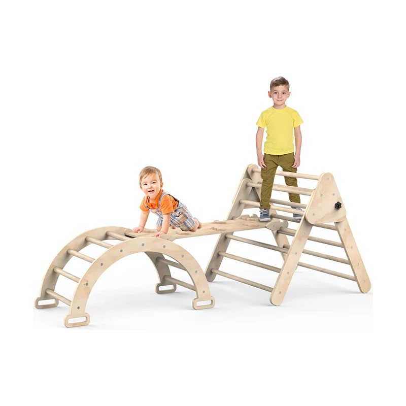 Climbing Triangle Set with Ramp Indoor 3 in 1 Wooden Kids Triangle Children Climbing Frame with Ladder