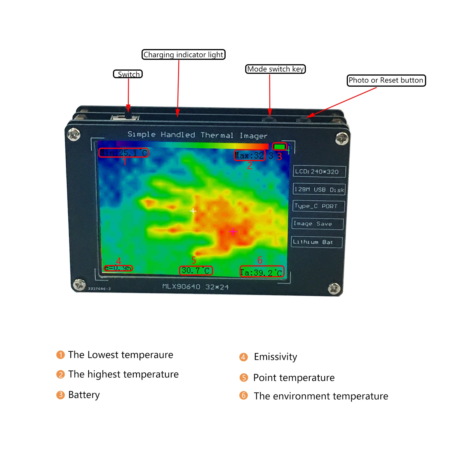 Compact 320x240 Thermal Imager Camera Handheld Infrared Imaging Device with LCD & USB-C Rechargeable Battery CCD Sensor