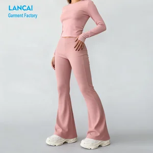 Custom Logo Design Nylon Spandex Workout Set High Quality Cropped Top and Flare Pants Matching Set Two Piece Women