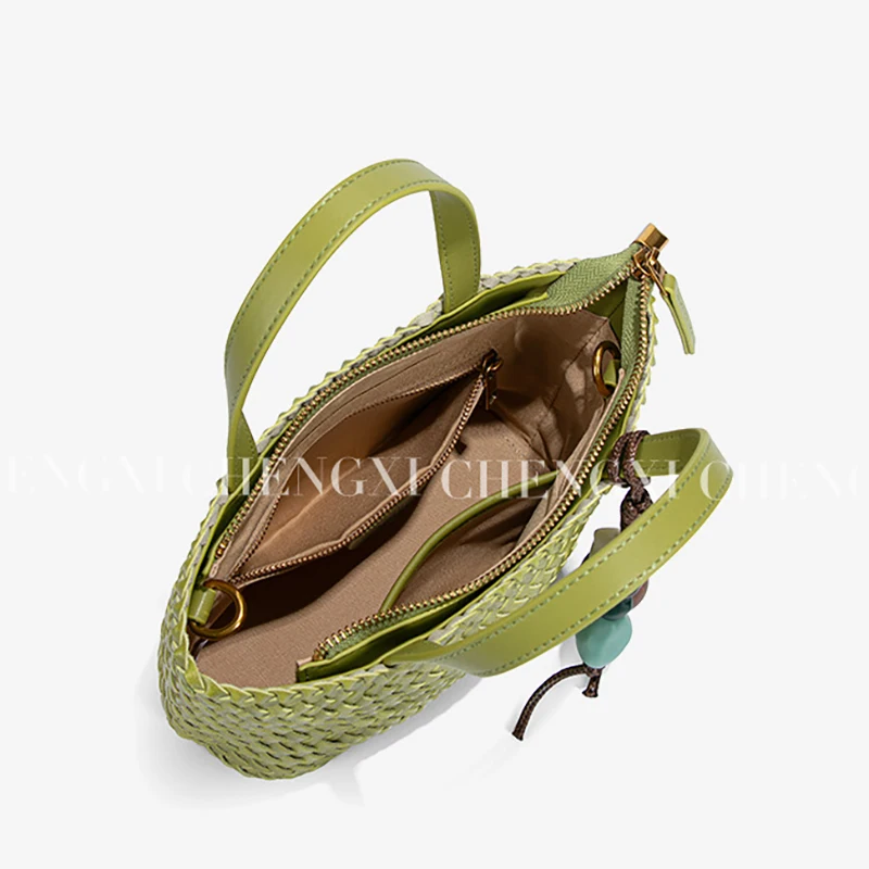 2026 New Summer Macaron Market Woven Tote Bag Trendy Versatile Shoulder Crossbody Bag PU Leather Fashion Unique Beach Vacation