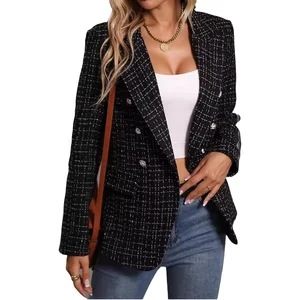 Ohsisa Women's Autumn Office Fashion Blazer Coat Knitted Double Breasted Button Lapel Long Sleeves Anti-Wrinkle