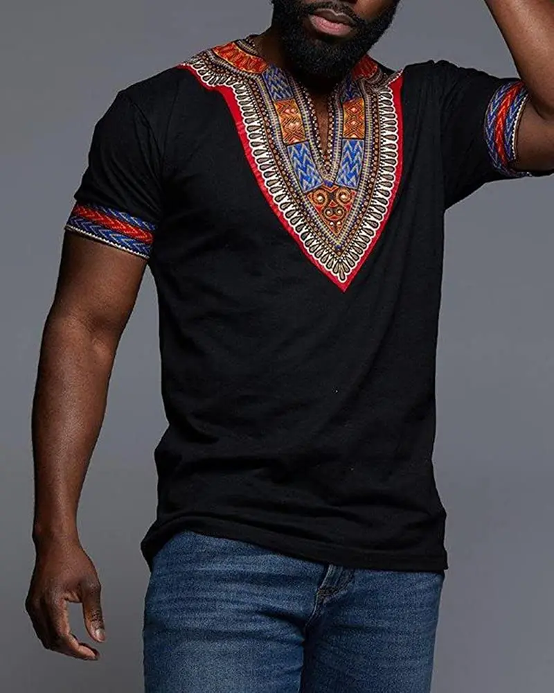 Ybenlow Mens African Tribal Dashiki Floral Short Sleeve Slim Fit Casual T-Shirt Top Blouse 