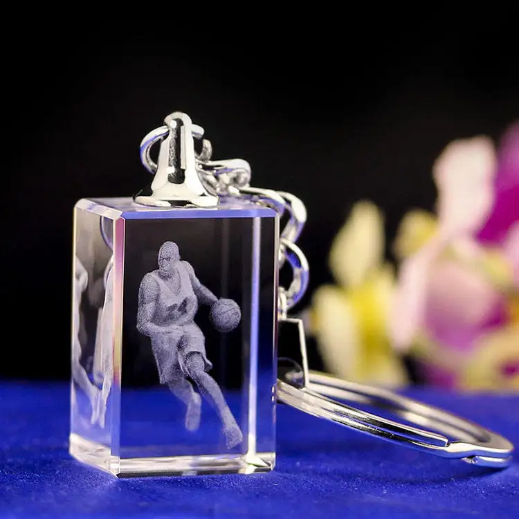 Customized 3D Laser Engraved 30mm UV Business Gift Souvenir Decor Crystal Trophy Model Carved Sports Cross Crystal Keychain supplier