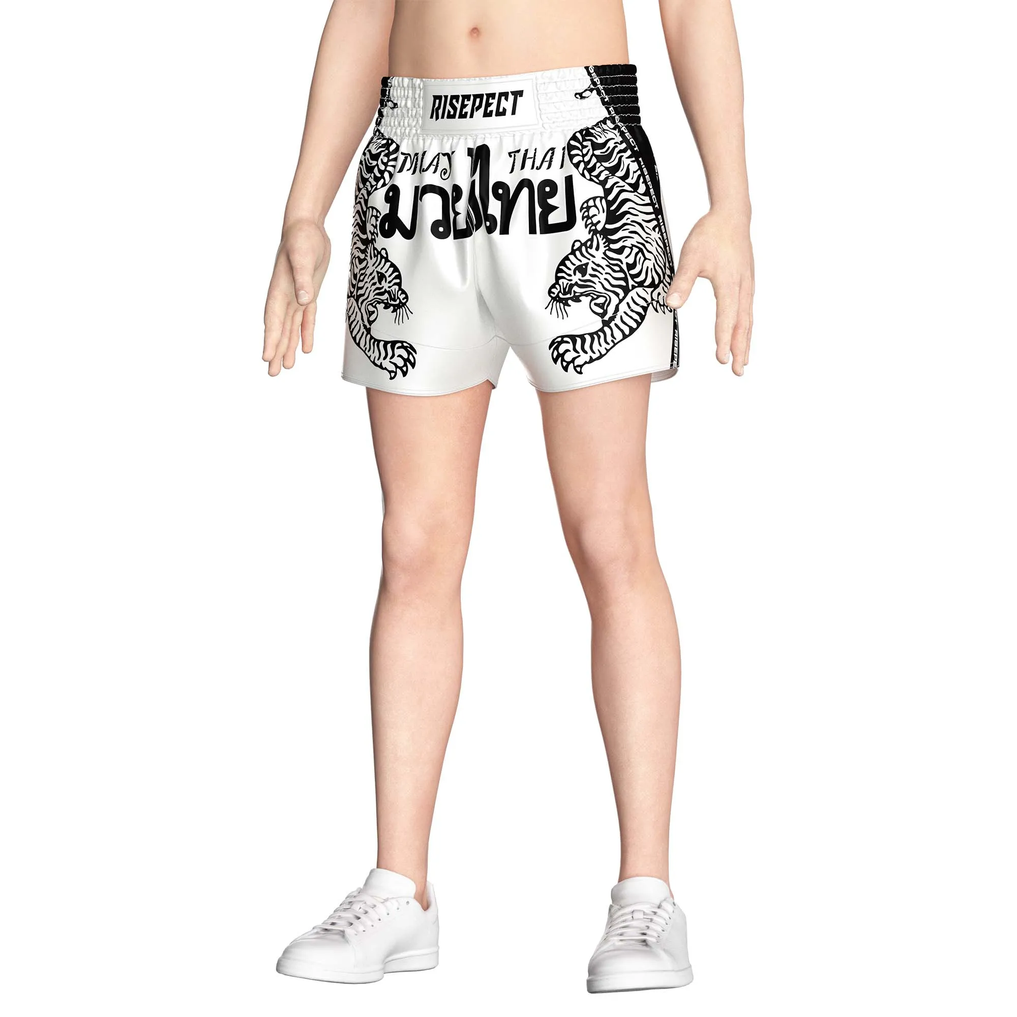 RISE Unisex White Silk Smooth Muay Thai Shorts Tiger Print Authentic Thai Boxing Training MMA Martial Arts Wear Customizable OEM