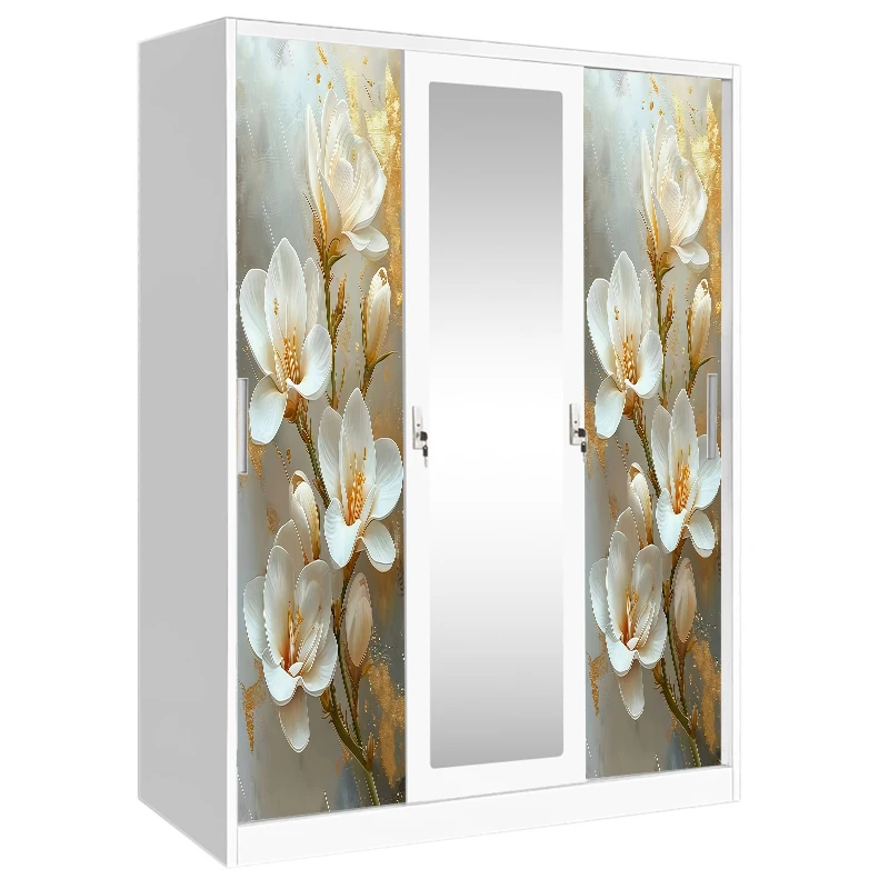 Factory Direct Three Door Printed Steel Wardrobe with Mirror Sliding Doors
