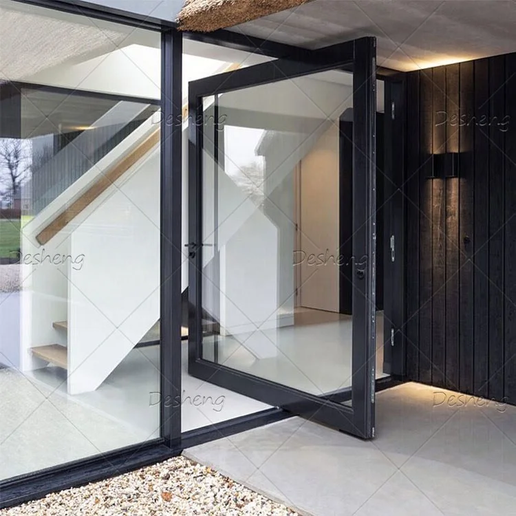 Foyer Slim Frame Pure White Color Simple Lines Decorative Long Handles Lobby Pivoting Entrance Door