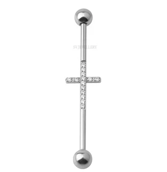 Titanium Cross Zircon CNC Design Externally Threaded Industrial Barbell Ear Cartilage Body Piercing Jewelry