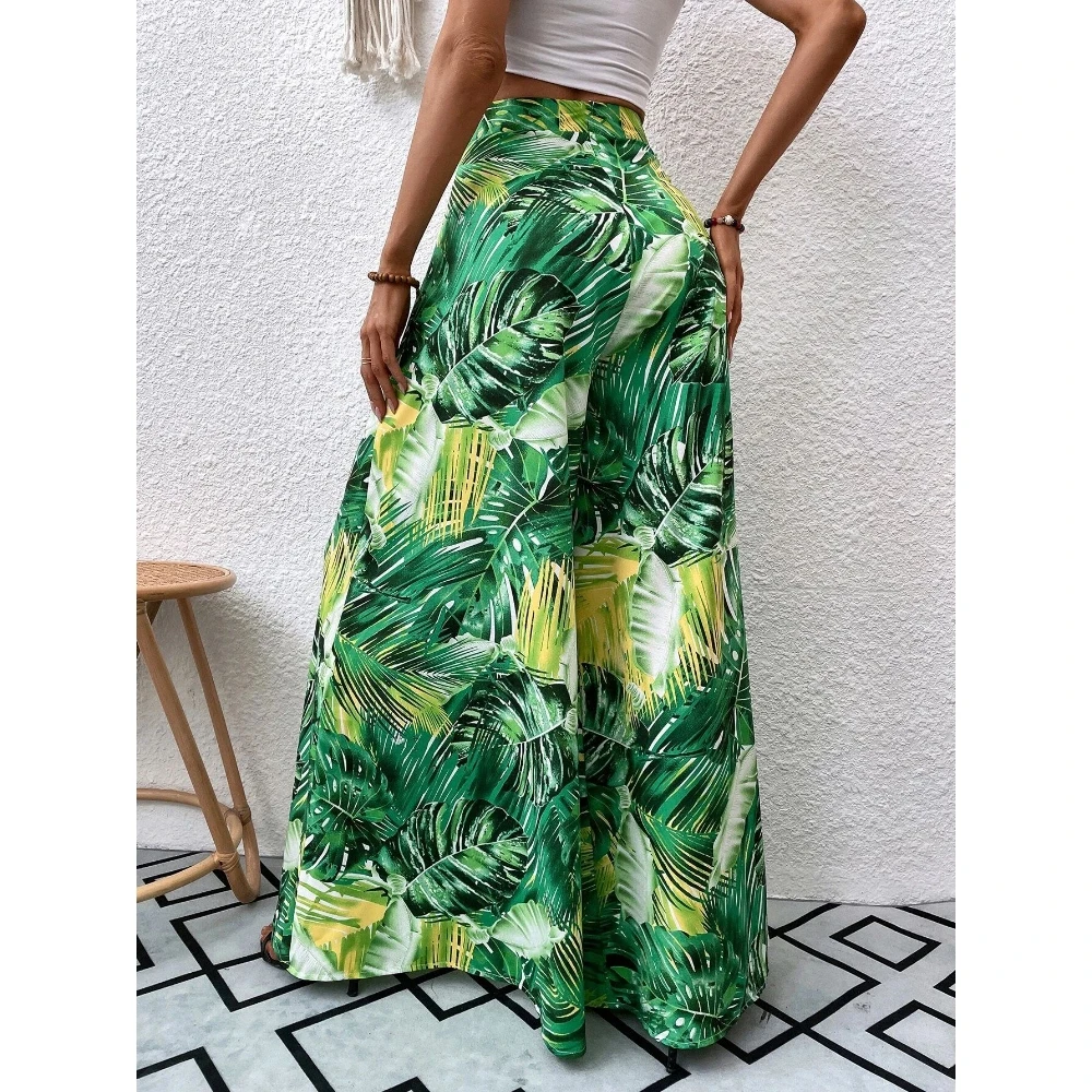 Chic Summer High Waist Pleated Floral Chiffon Beach Pants for Women