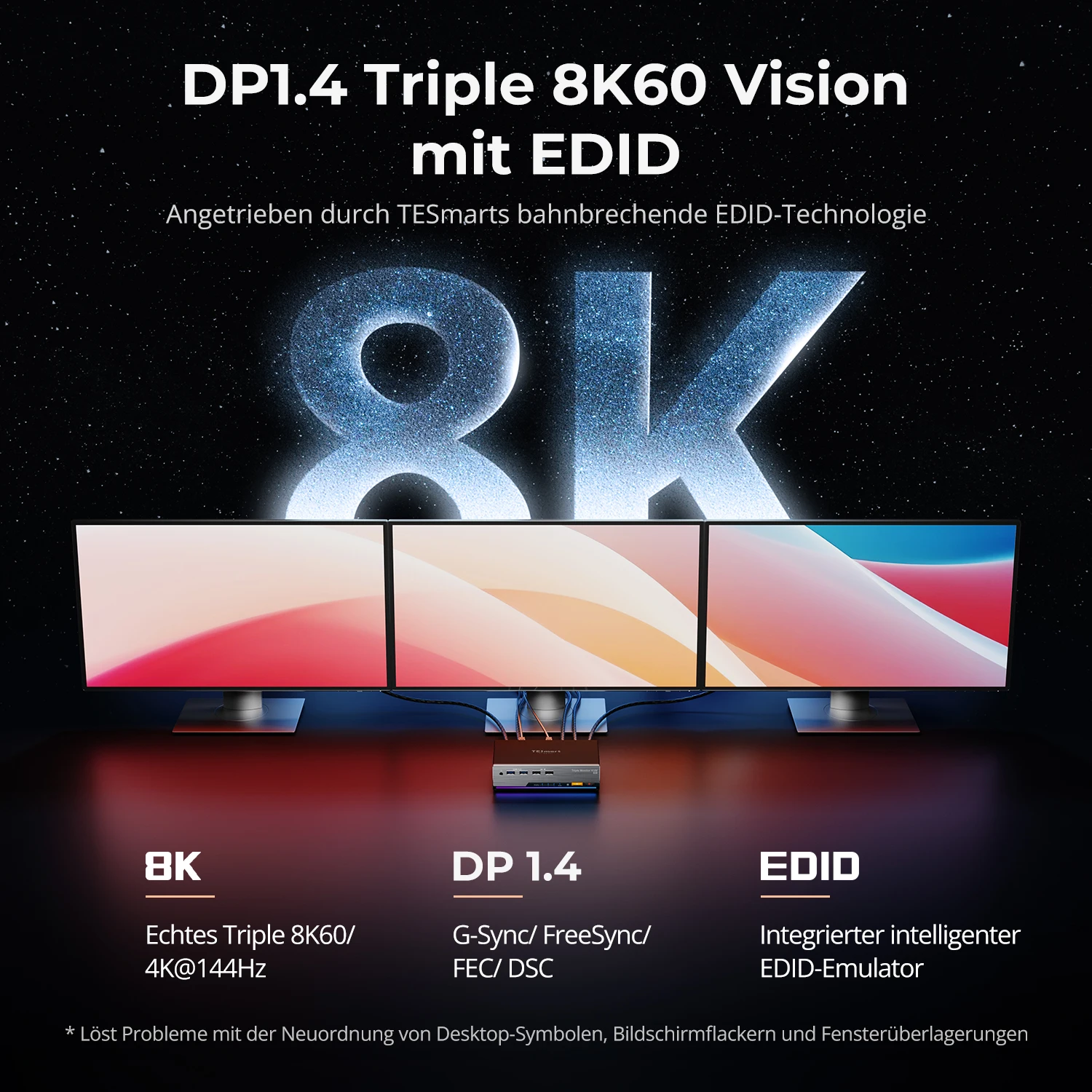 TESmart DP 1.4 Triple 8K@60Hz KVM-Switch-Gaming-Dock für 2 PCs und 3 Monitore, mit EDID, G-Sync und FreeSync_voghion.com