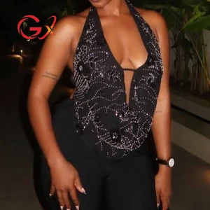 GX81086 Fashion 2026 Summer Women's Clothing Boutique Sleeveless Halter Cropped Tops Sexy Backless Sequin Women Blouse