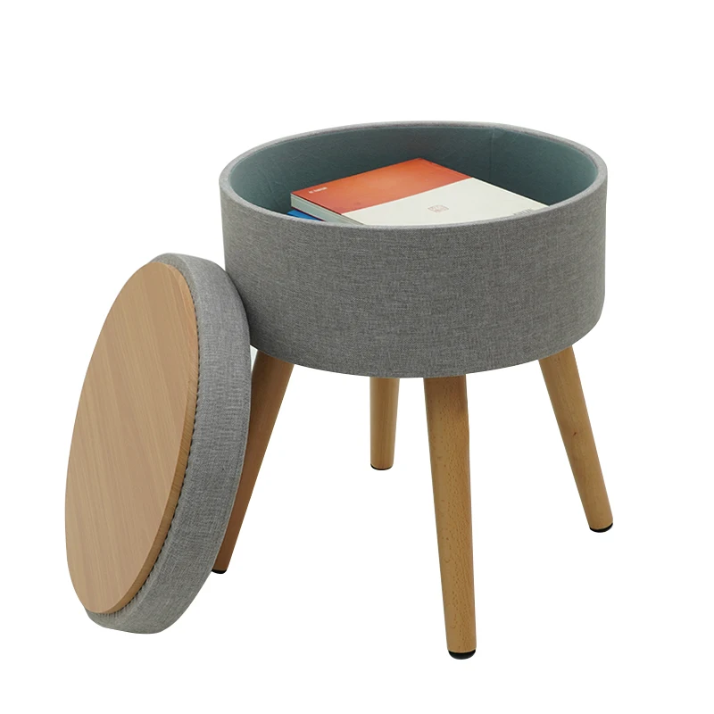 Ottoman Velvet Ottoman Round Stool Wood Legs Storage Ottoman for Living Room Furniture