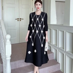 Mid-length Miyake Pleated Dress with Floral Round-neck and Long Sleeves Miyake Dress Women