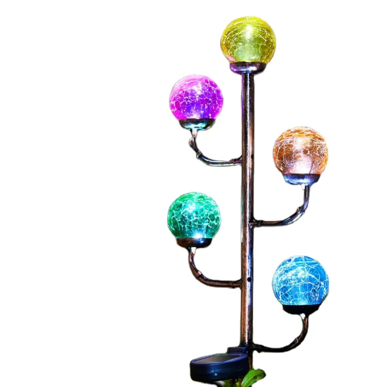 Waterproof Metal Colored 5-Light Cracked Crystal Glass Ball Solar Garden Stakes
