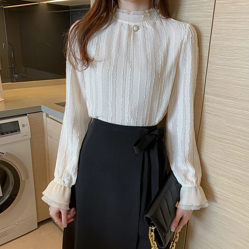Spring Autumn Women Stand Collar Lace Chiffon Blouse Shirt Tops Long Sleeve Blouse Women Blusas Mujer De Moda 6615#