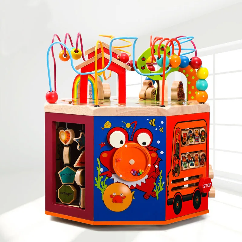 High Grade Multifunction 8 Sides Busy Board Box Educational Musical Toys 3D Around Bead Wooden Maze