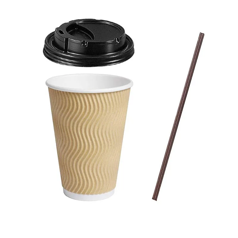 biodegradable 12oz paper coffee cups set with lids recyclable hot drinks single ripple double wall Disposable paper coffee cup manufacture