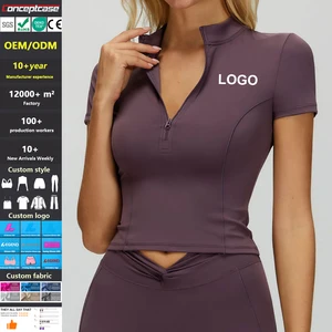 Custom Fabric Style Logo Quick-Drying Nude-Feel Stand-Up Collar Zipper Yoga Short Sleeved Top Women Gym Workout Tight Sports Top
