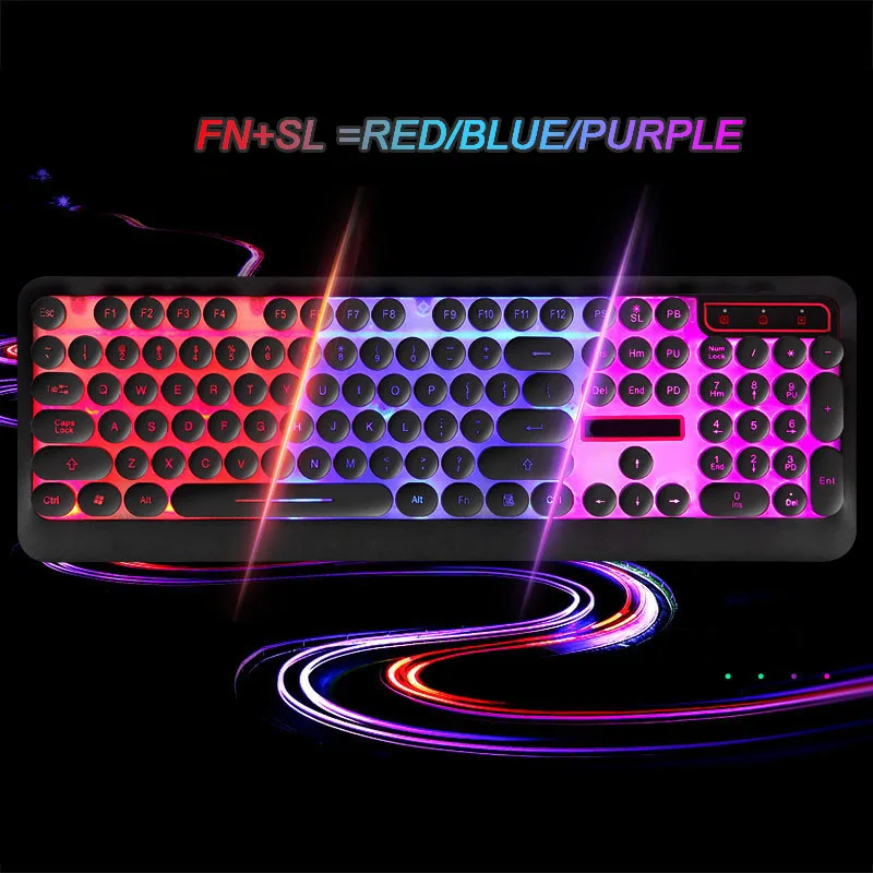 Retro Round Keycap Backlit USB Wired Russian English Gaming Keyboard